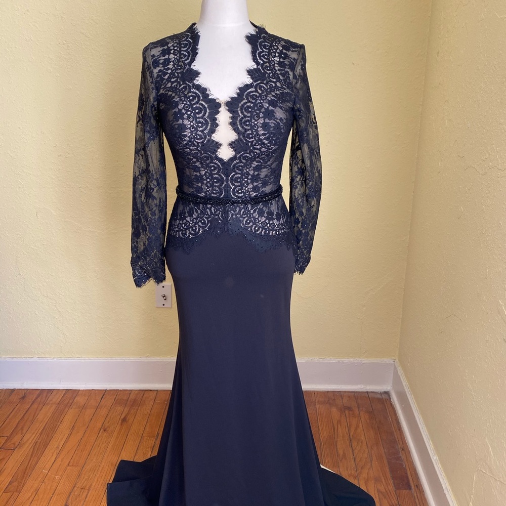 Tony Bowl’s lace illusion/ponte knit evening gown